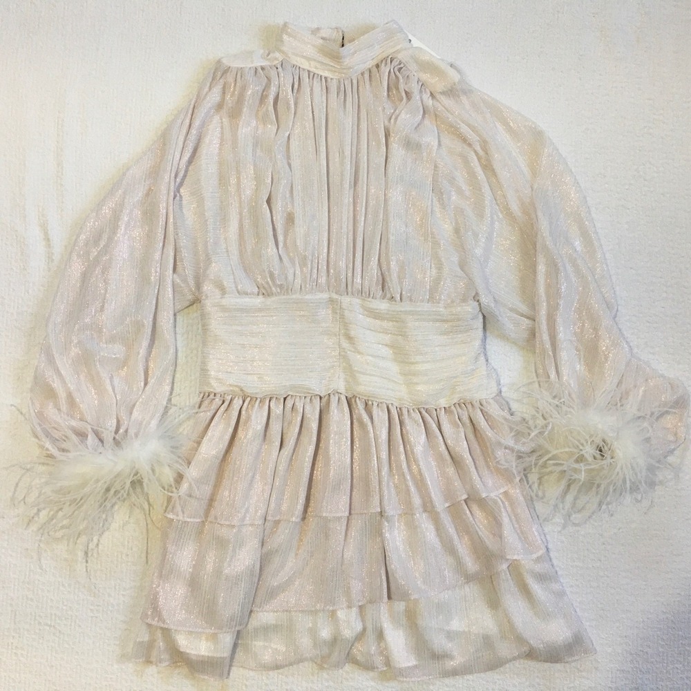 Ostrich Feather Cuff White Gold Metallic Mini Dress Sz L Ruffle Statement Pirate